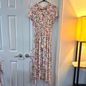 🎈2/$28🎈Country Farm Buttoned Front Slit White W Pink Flowers Maxi Dress Lg